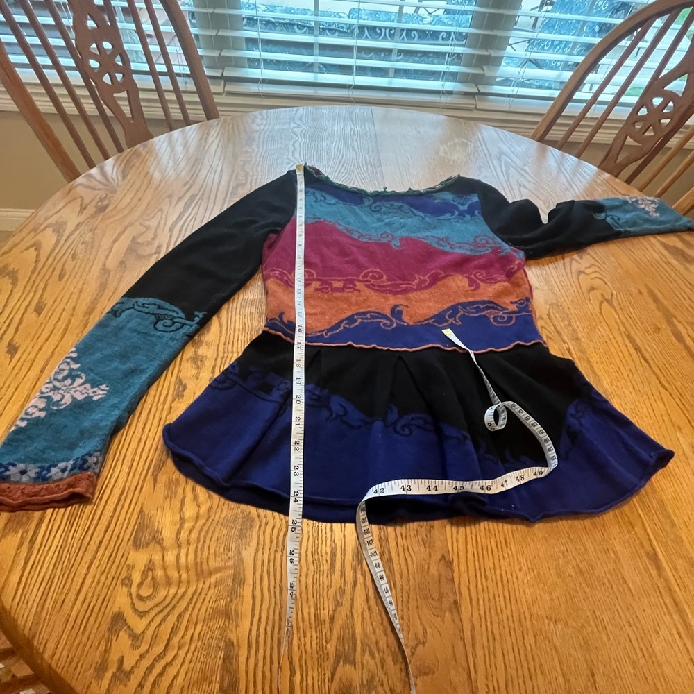 Boutique Multi Colored Black Blue Teal Wool Peplum Sweater M Missing tag - Picture 5 of 8